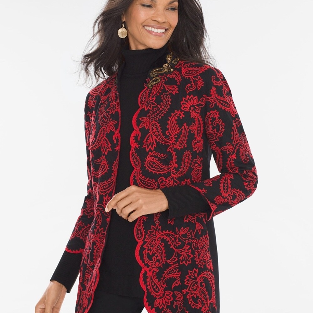 NWT Chico’s Limited Edition Red Black Embroidered Jacket 0